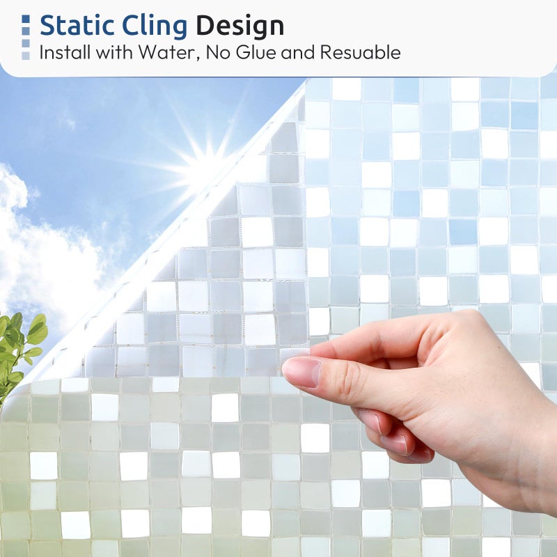 rabbitgoo Window Privacy Film Stained Glass Window Film, 3D Square Mosaic Decorative Static Cling Glass, Removable Vinyl UV Blocking Stickers for Home, 35.4 x 78.7 inches - Image 5